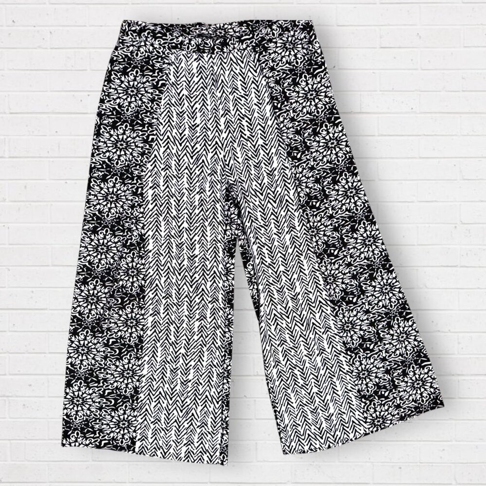Chicos Palazzo Pants Black White Wide Leg Boho Travel Faux Wrap Size 3 XL